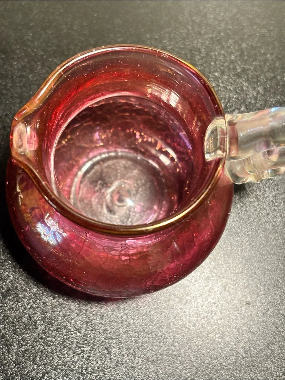 Handblown Cranberry Glass Creamer and Sugar Set with Clear Handles